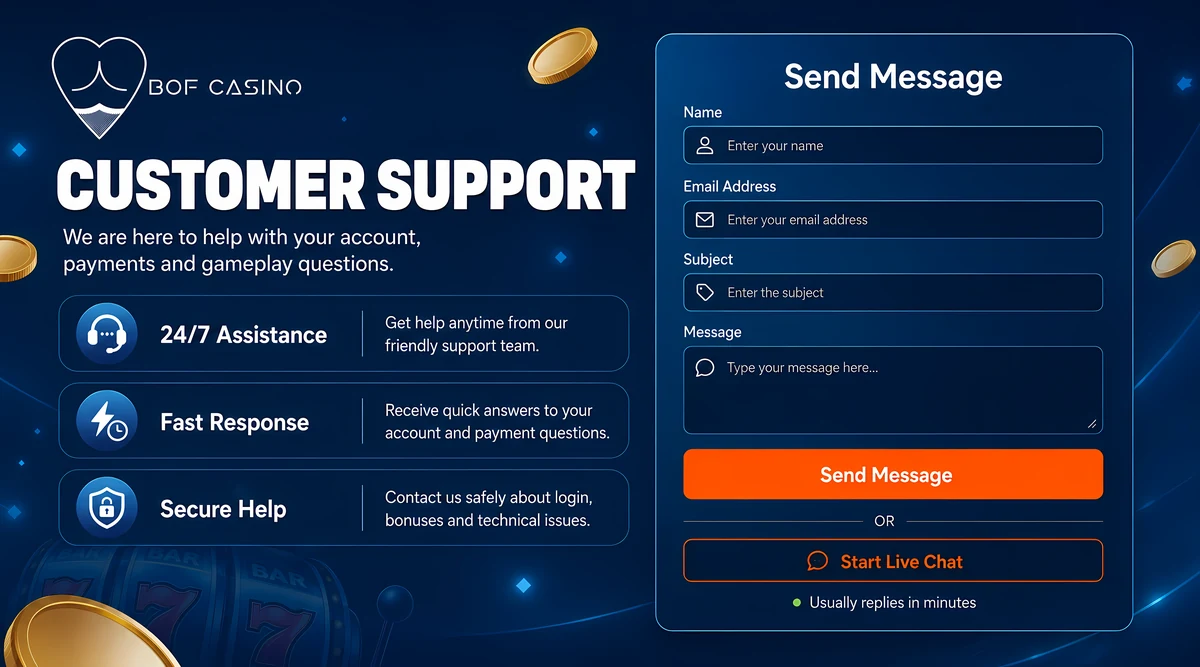 Bof Casino support desk illustration for live chat and email