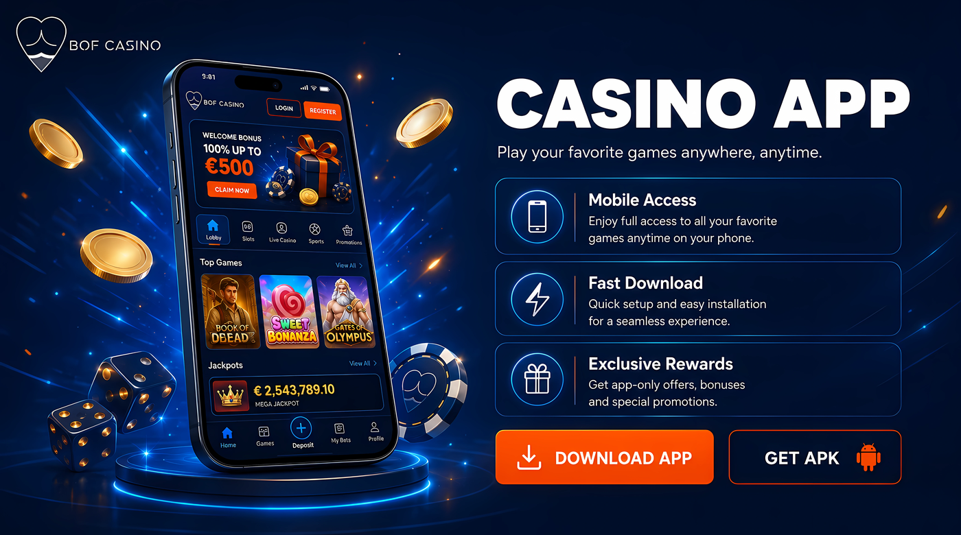 Bof Casino app on a phone with lobby, login and welcome tiles
