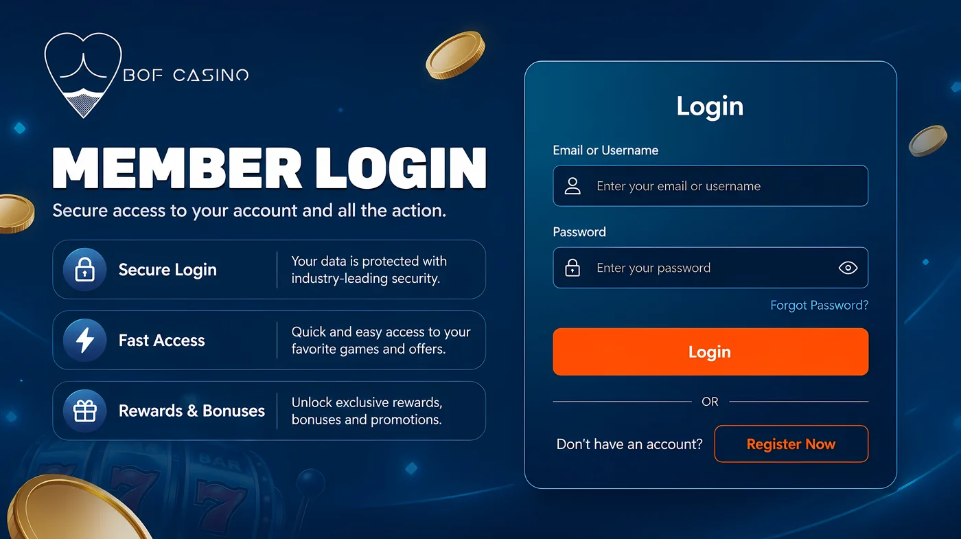 Bof Casino login panel with email and password fields